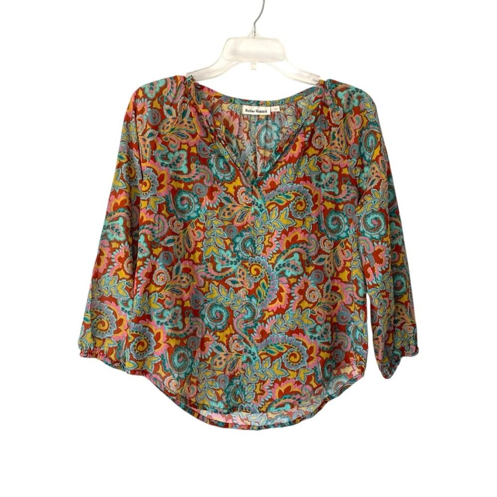 Roller Rabbit Cotton Brown Green Print Floral
blouse size XS